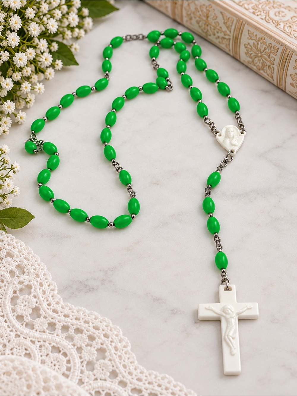 Green Beaded Catholic Rosary White Crucifix & Virgin Mary Centerpiece